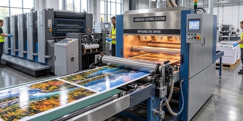 Printing press applying aqueous coating to brochures