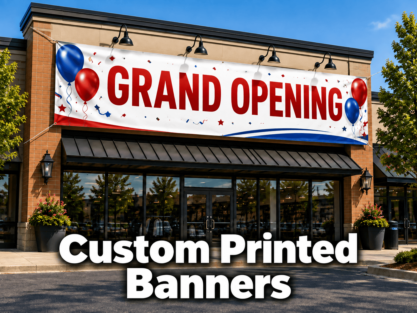 Banners Custom printed vinyl Grand Opening banner displayed outside a business