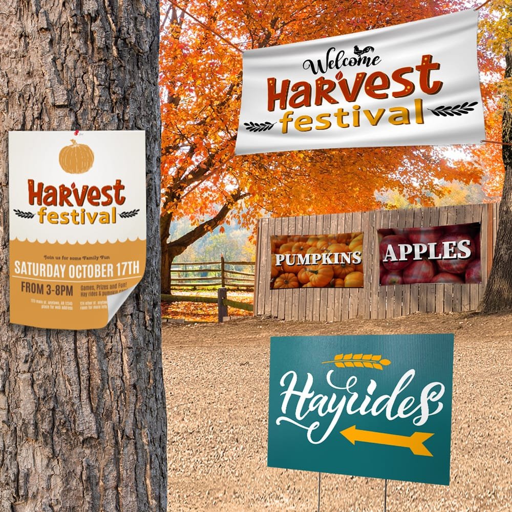 Banners Custom harvest festival banner, poster and directional signs for a fall event