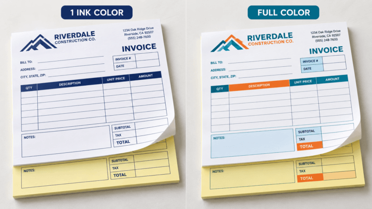 Side-by-side comparison of one ink color and full color carbonless NCR invoice forms with white and yellow sheets