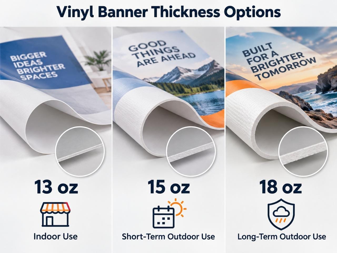 Banners Comparison of 13 oz, 15 oz and 18 oz vinyl banner materials