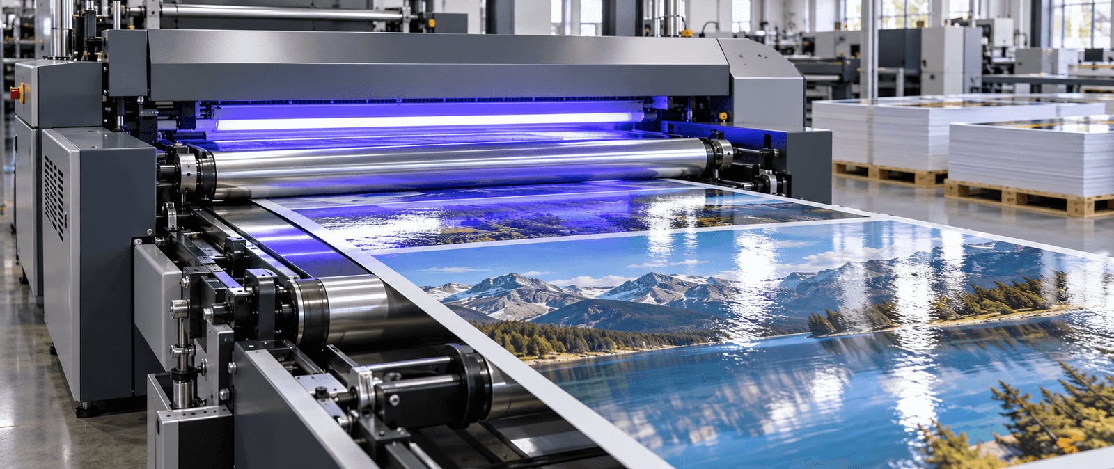 Printing press applying UV coating to printed materials