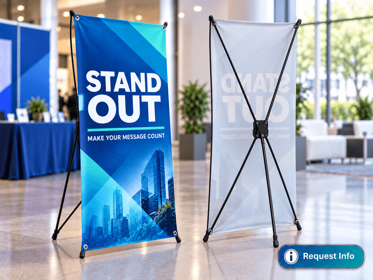 Banners Custom printed X-frame banner display with front and back views