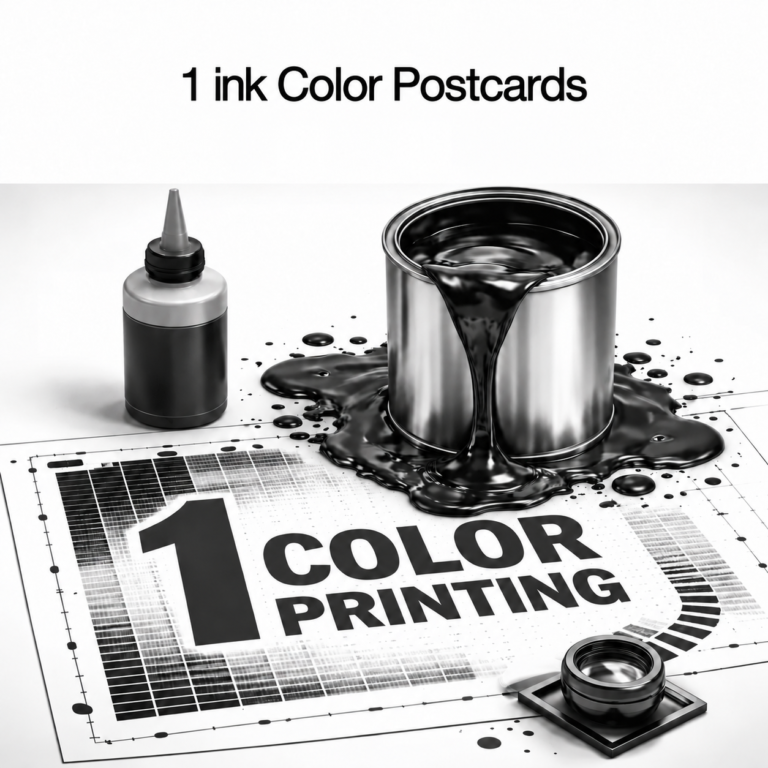 Postcards Black printing ink and a one-color print test sheet beneath a “1 ink Color Postcards” heading