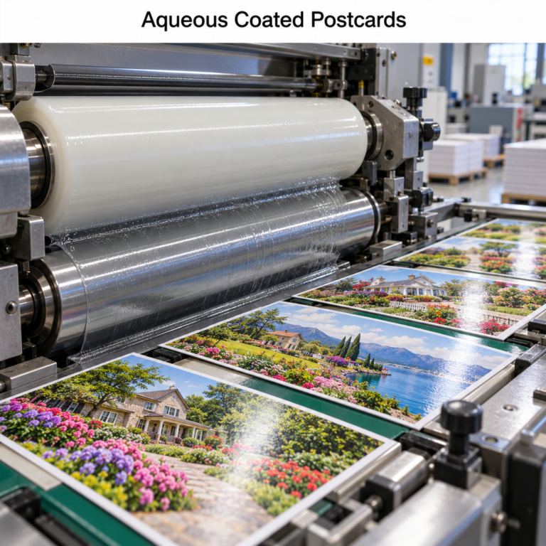Postcards Full-color postcards beside coating rollers beneath the heading “Aqueous Coated Postcards”