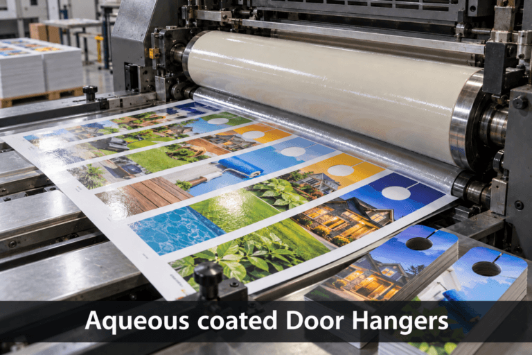 Printing press applying aqueous coating to custom door hangers