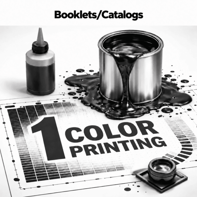 Booklets/Catalogs Black ink can and grayscale chart illustrating one ink color booklet and catalog printing