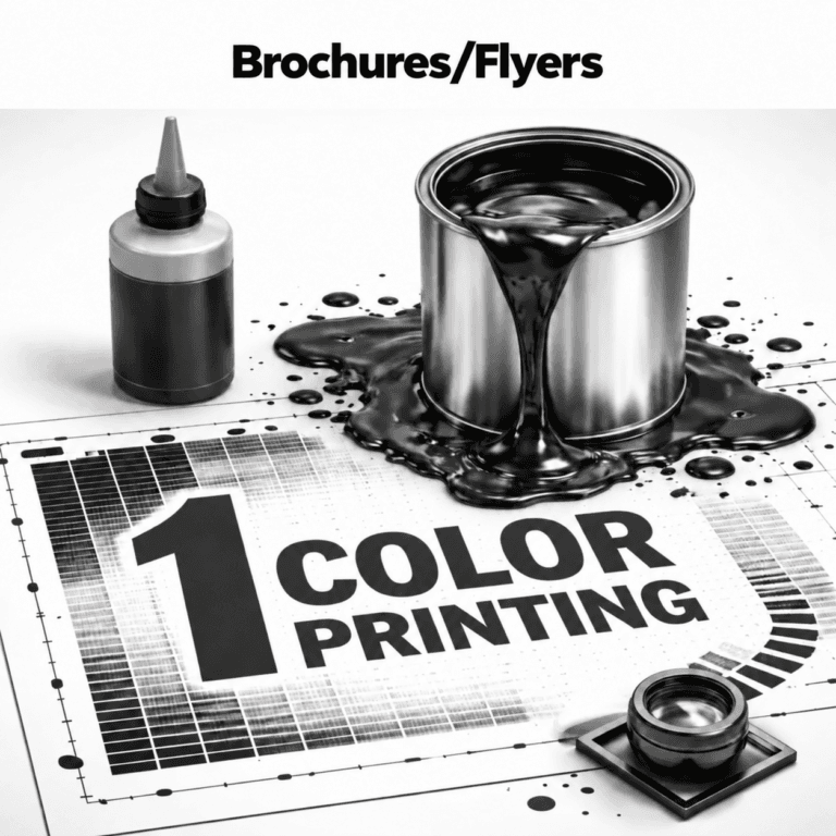 Brochures/Flyers Black ink can and bottle above a printing test sheet labeled 1 Color Printing, with a Brochures/Flyers heading.