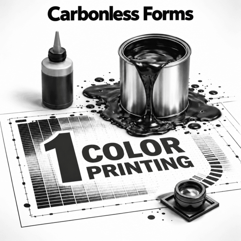 Black ink bottle, ink can and grayscale chart illustrating one color carbonless form printing