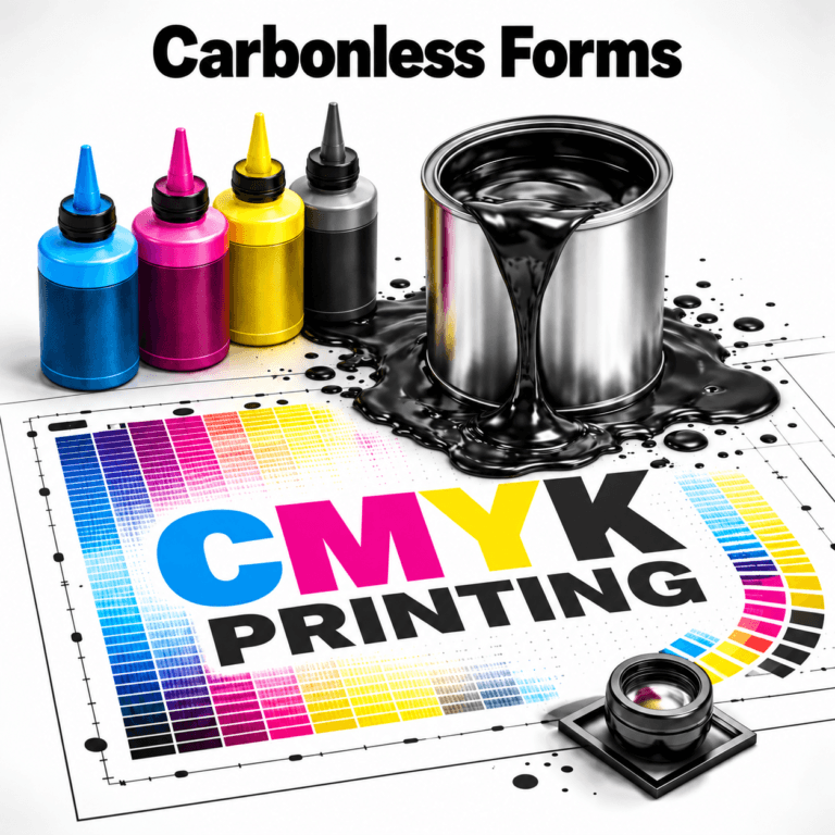 CMYK ink bottles and color chart illustrating full color carbonless form printing