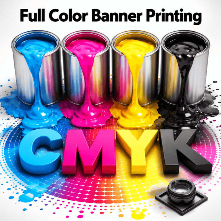 Banners Cyan, magenta, yellow and black ink cans with CMYK letters beneath the heading Full Color Banner Printing