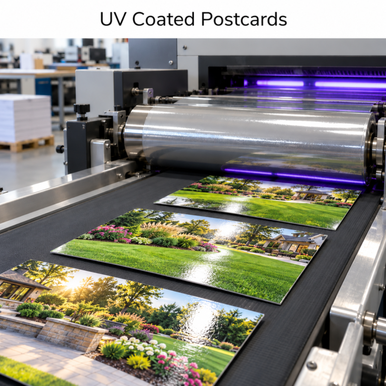 Postcards Glossy full-color postcards on a UV coating machine beneath the heading “UV Coated Postcards”