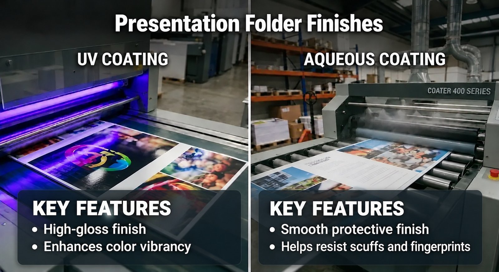 Presentation Folders UV coating and aqueous coating comparison showing key features for printed presentation folders.