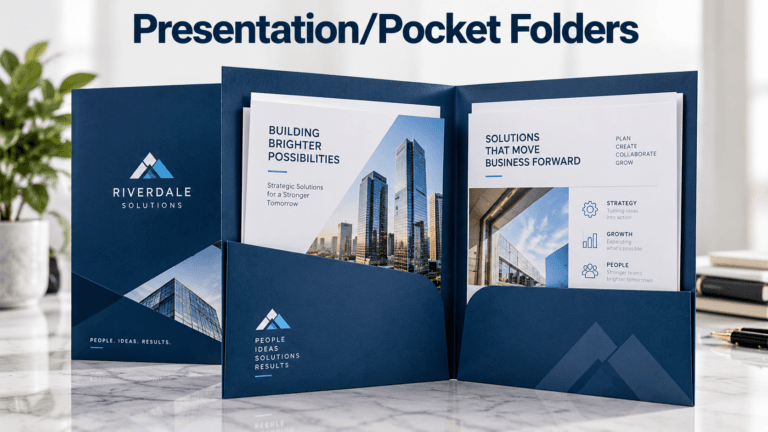 Presentation Folders Custom printed presentation and pocket folders featuring full-color designs, two interior pockets, and professional business documents.