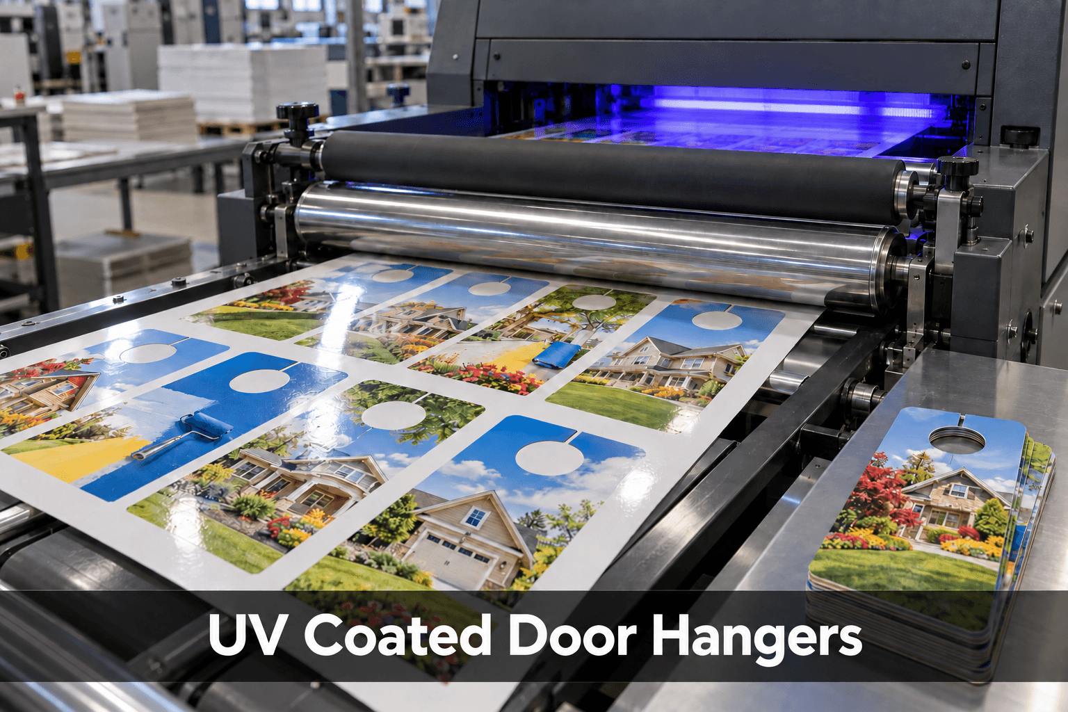 Printing press applying UV coating to custom door hangers