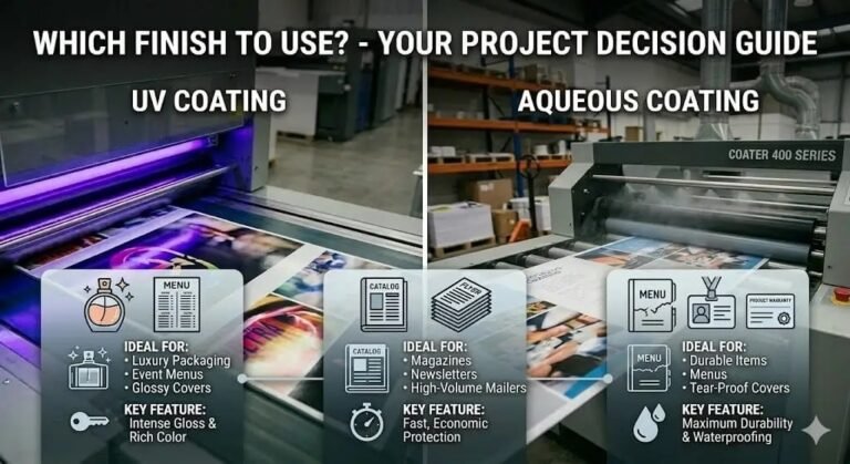 UV coating vs aqueous coating comparison showing printing finishes, benefits, durability, and recommended uses for custom printed door hangers.