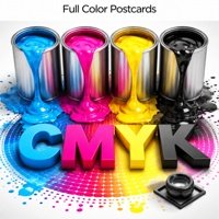 Postcards Cyan, magenta, yellow, and black ink cans with CMYK letters beneath a “Full Color Postcards” heading
