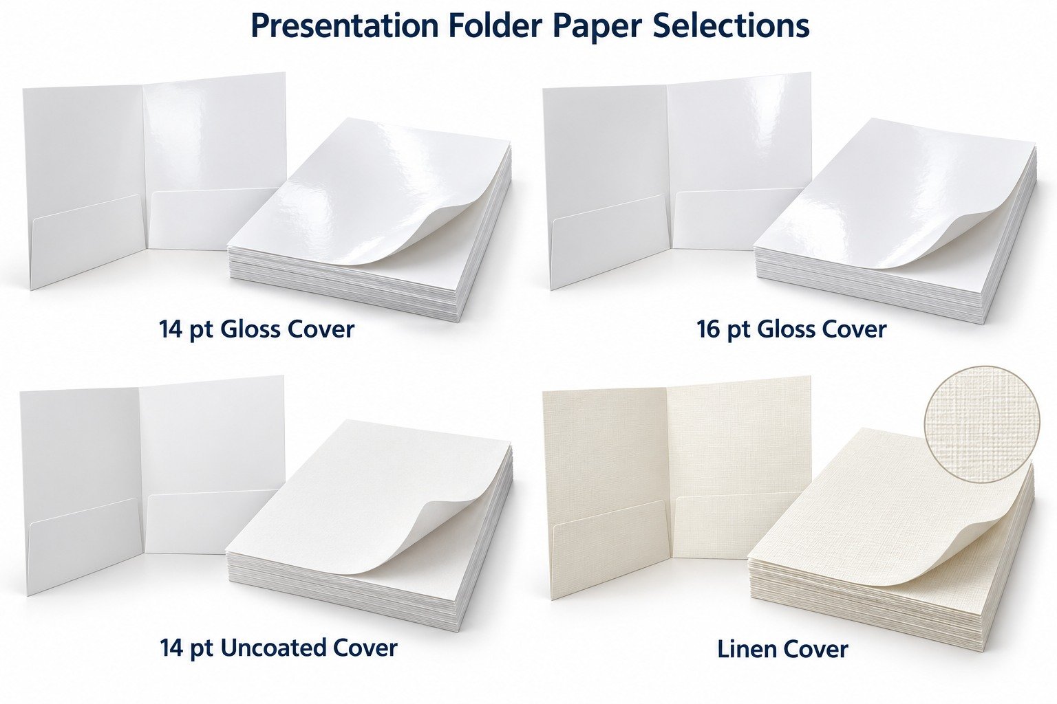 Presentation Folders Presentation folder paper samples in 14 pt gloss, 16 pt gloss, 14 pt uncoated, and textured linen cover