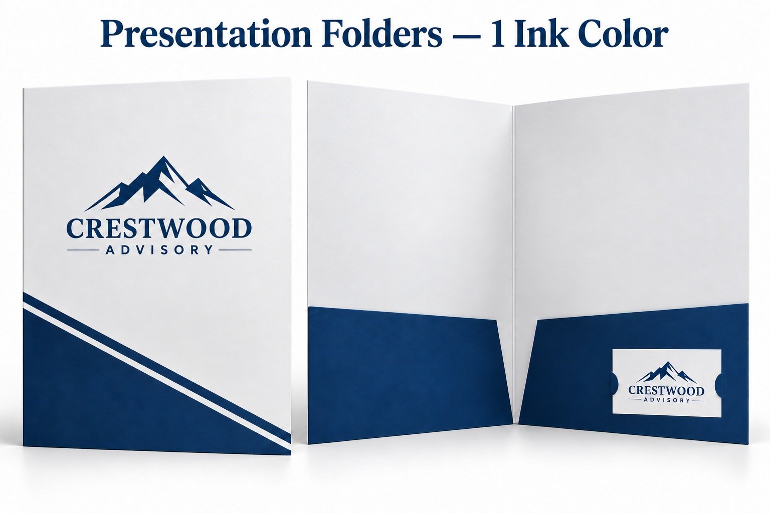 Presentation Folders White presentation folder with navy blue printing, two interior pockets, and a matching business card.