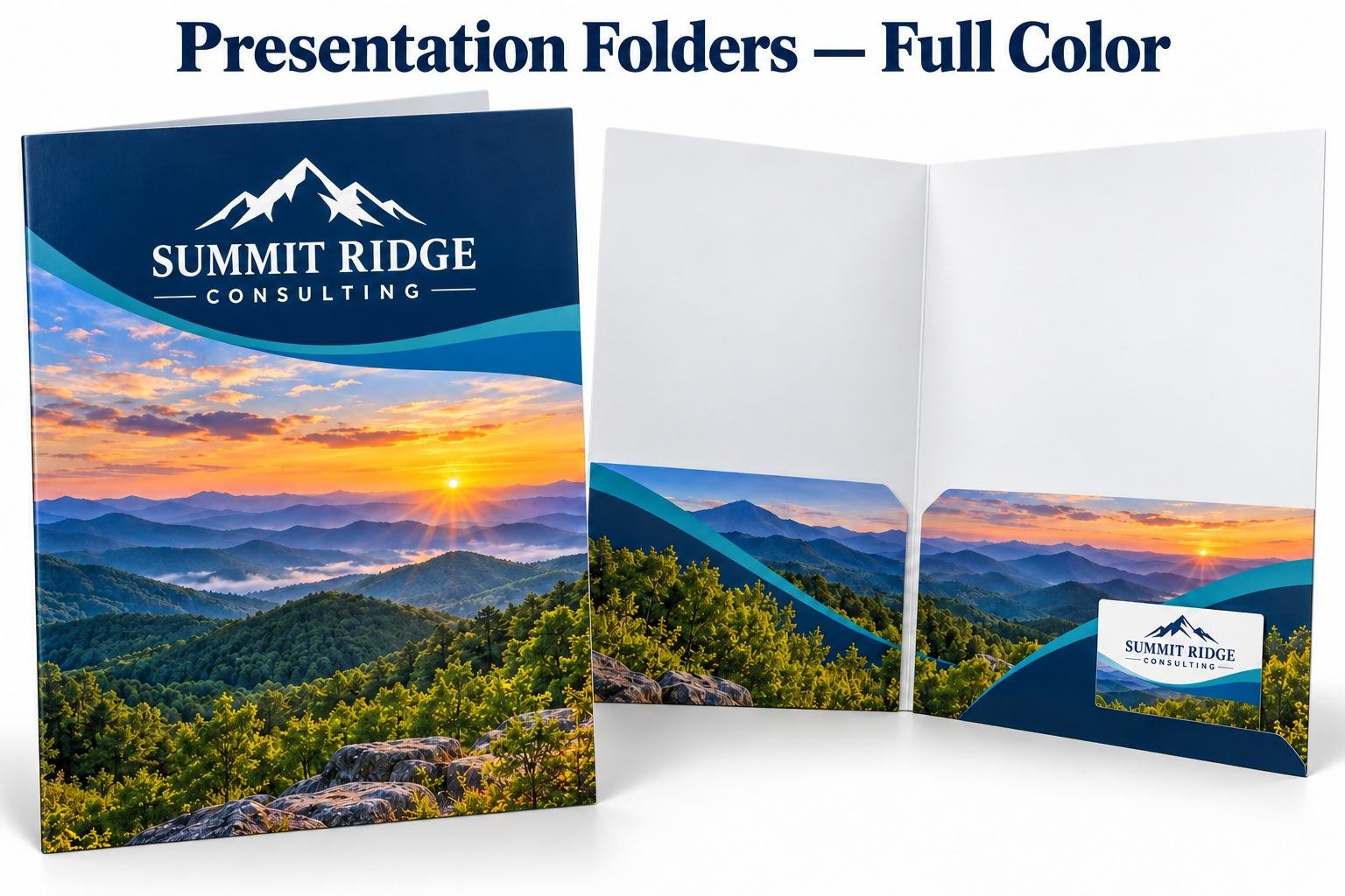 Presentation Folders Full-color presentation folder with mountain sunrise photography, two interior pockets, and a matching business card.
