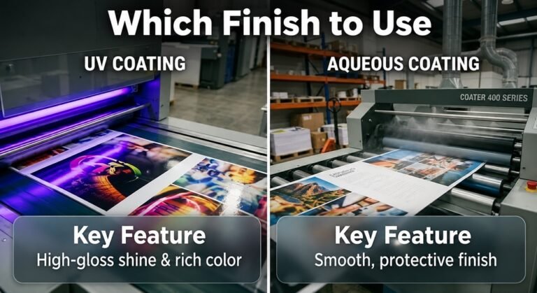 Postcards UV and aqueous coating comparison showing UV’s high-gloss shine and rich color alongside aqueous’s smooth, protective finish